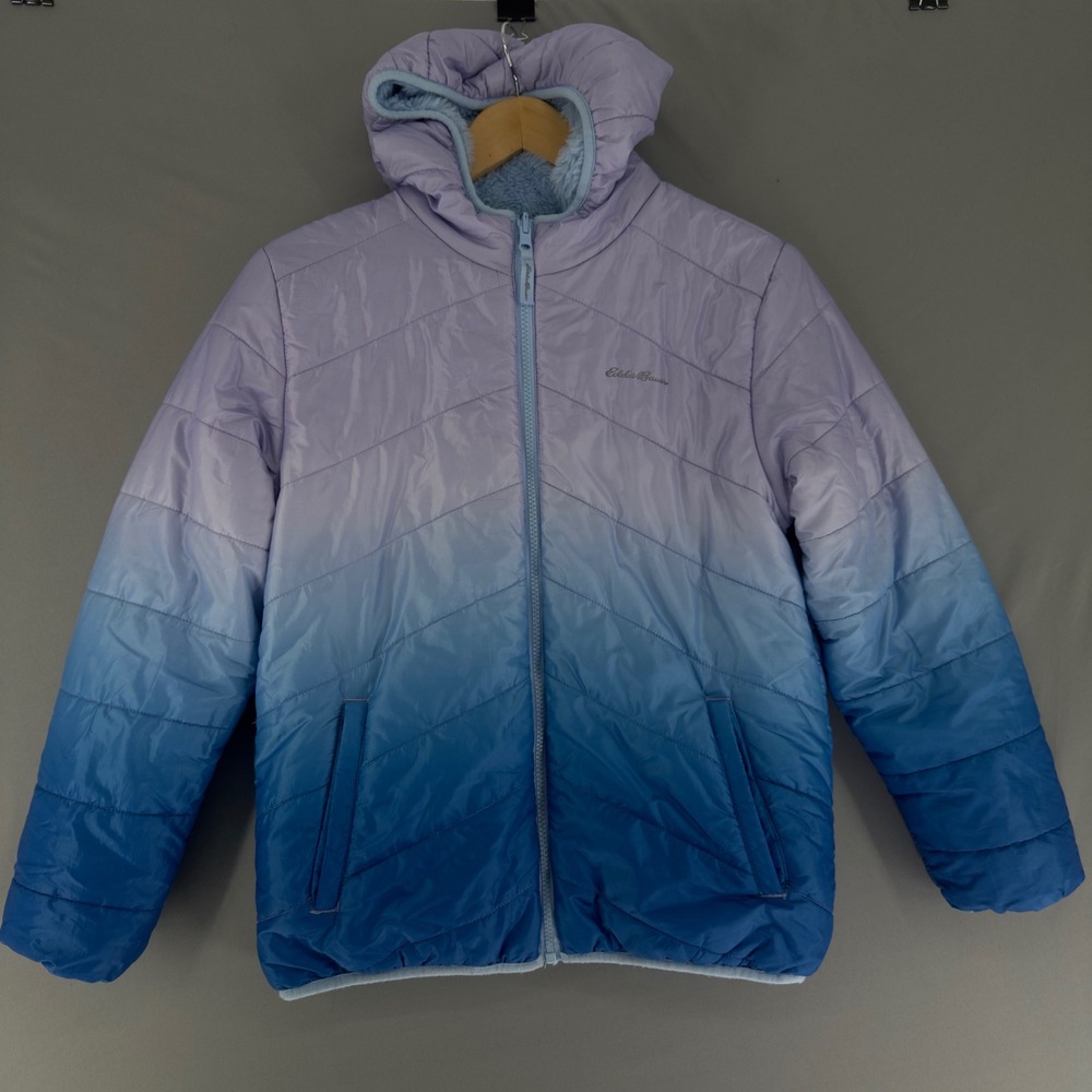 Eddie Bauer Kids Reversible Ombre Puffer Jacket Faux Fur Blue Purple L 14/16